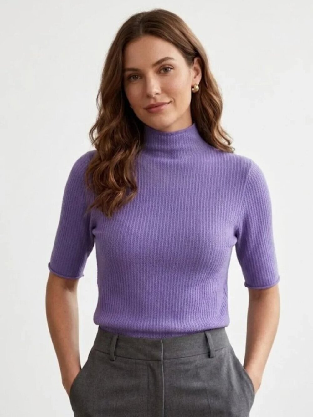 SAMSØE SAMSØE Short Sleeve Mock Neck Knit Top Aster Purple Size Medium